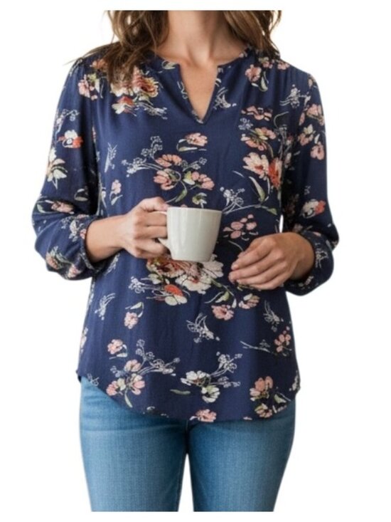Fun2Fun Tops - Fun2Fun Womens Floral Blouse~Size Small~Navy 3/4 Sleeve Top~NWOT~L12 10